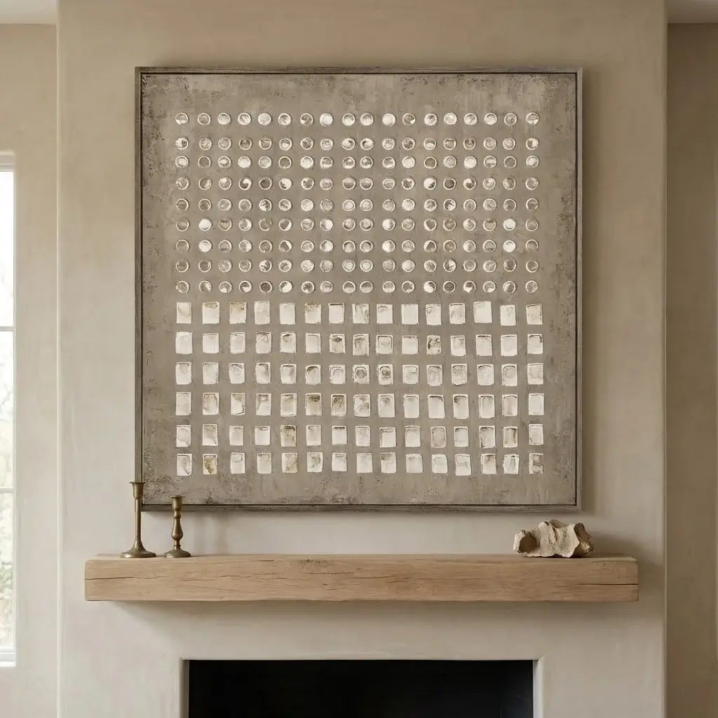 Abstract art piece on a wall above a fireplace mantle.