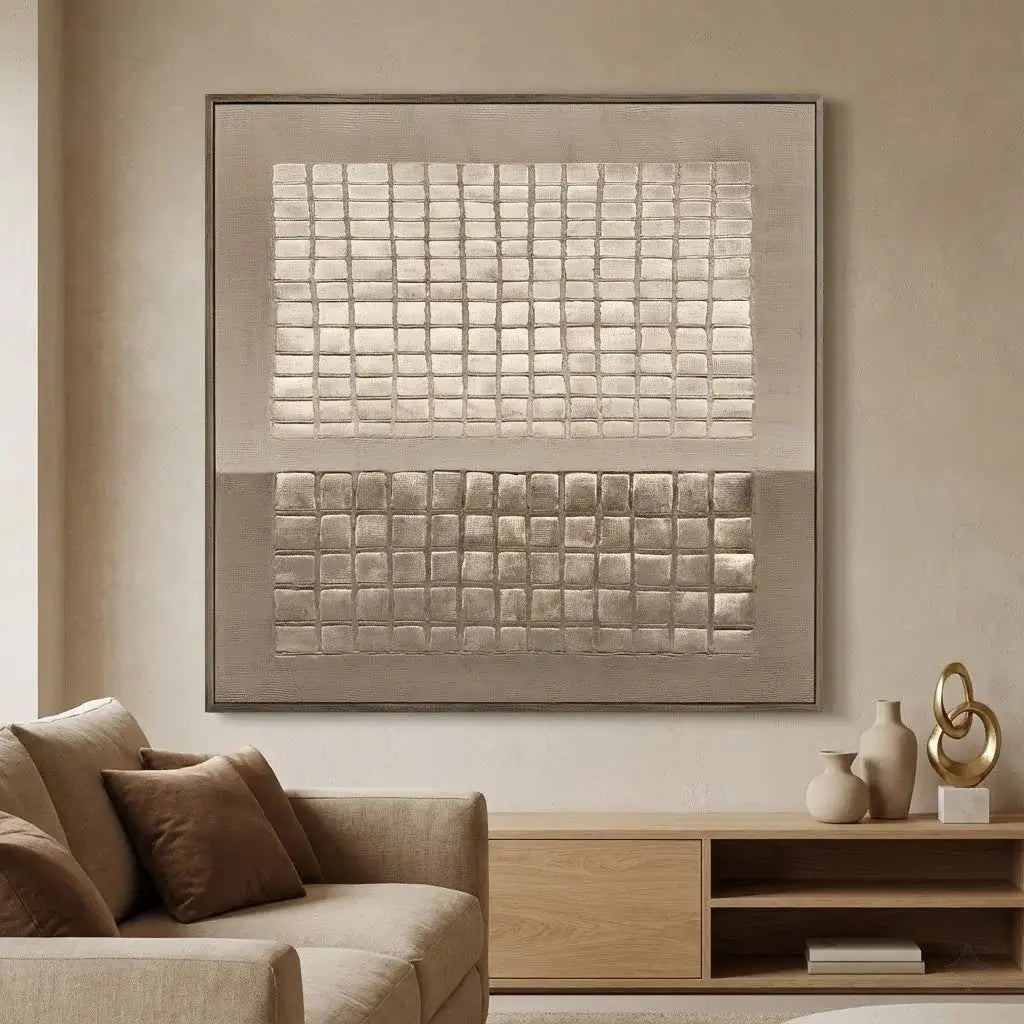 Modern living room with a textured wall art piece above a sofa.