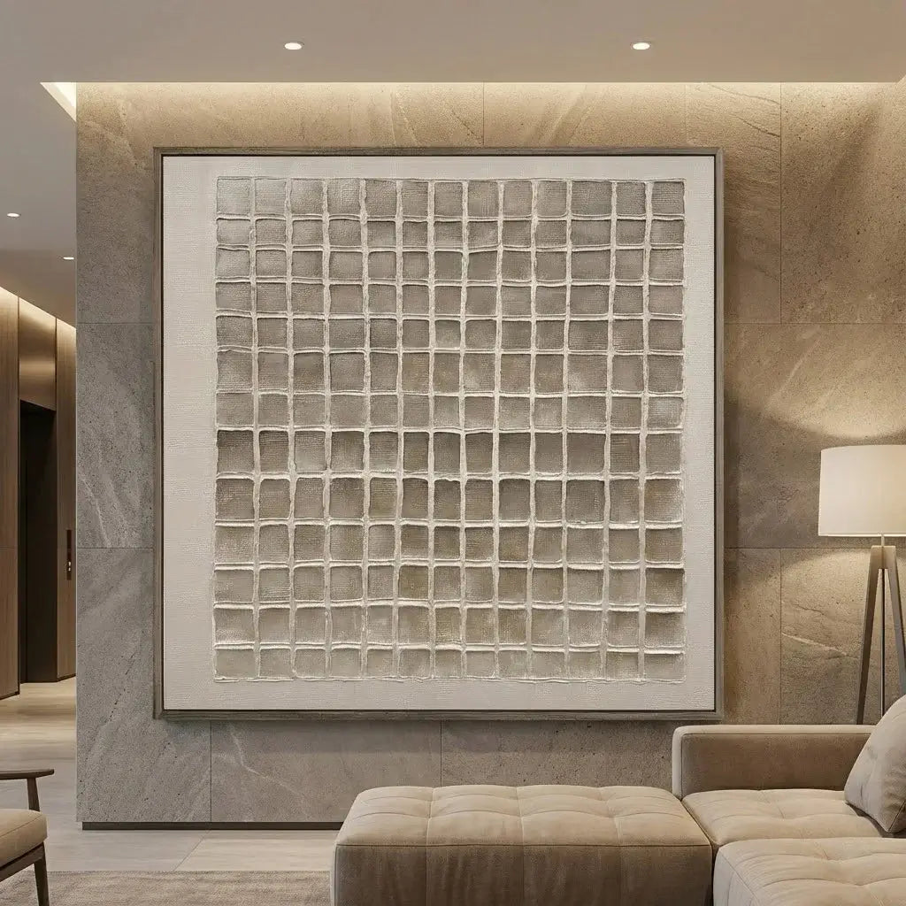 Modern interior with a large abstract painting on a wall, beige sofa, and lamp.