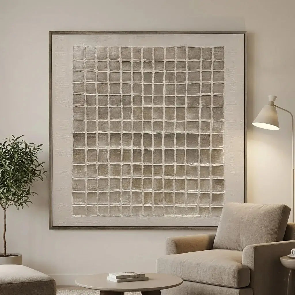 Living room with a large abstract painting on the wall, a gray armchair, and a small round table.