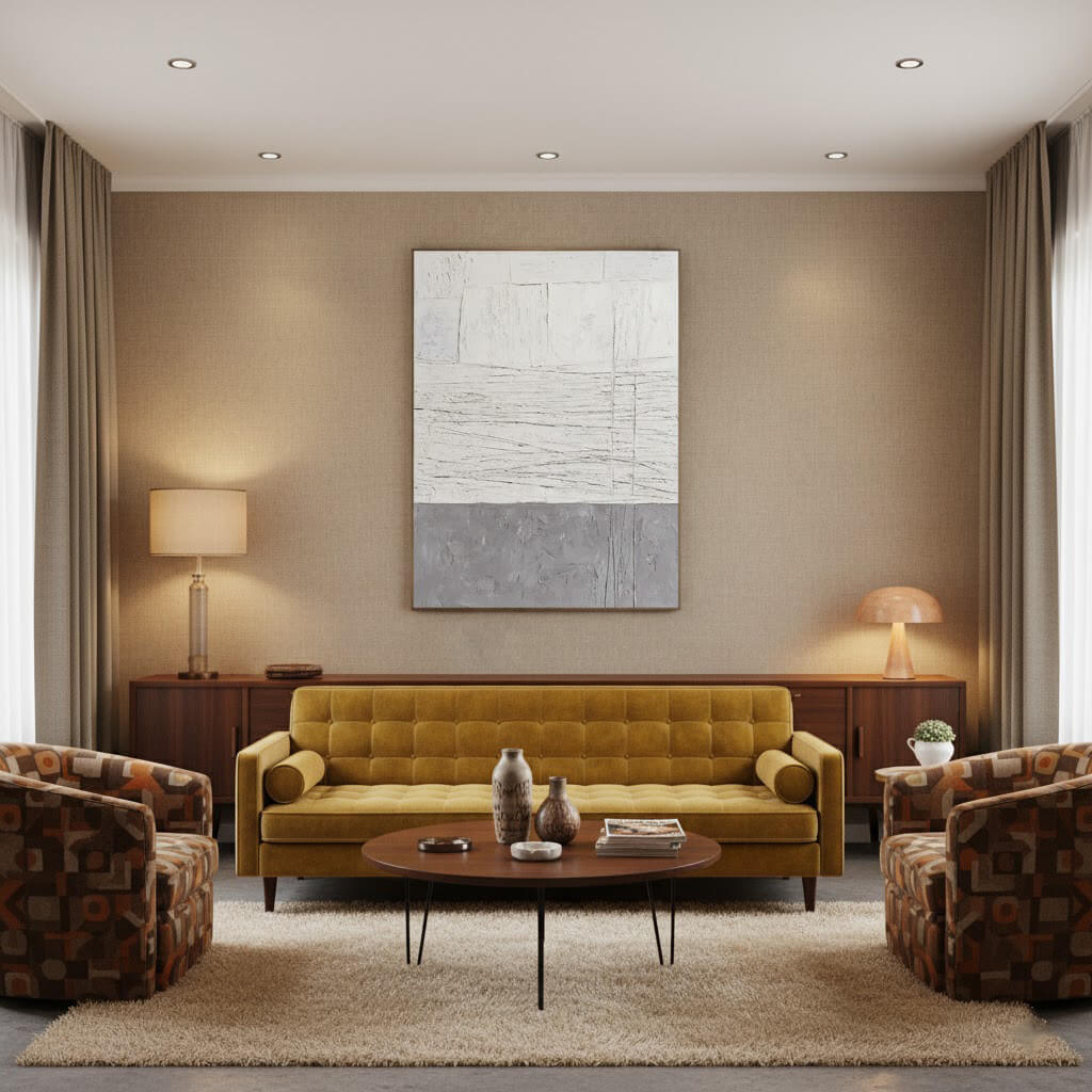 Modern living room with a yellow sofa, patterned armchairs, and abstract art on the wall.