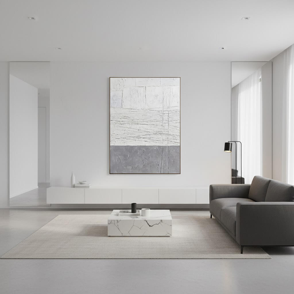 Modern living room with a gray sofa, marble coffee table, and abstract art on the wall.