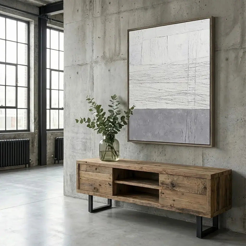 Modern interior with wooden TV stand, abstract painting, and plant in a concrete-walled room.