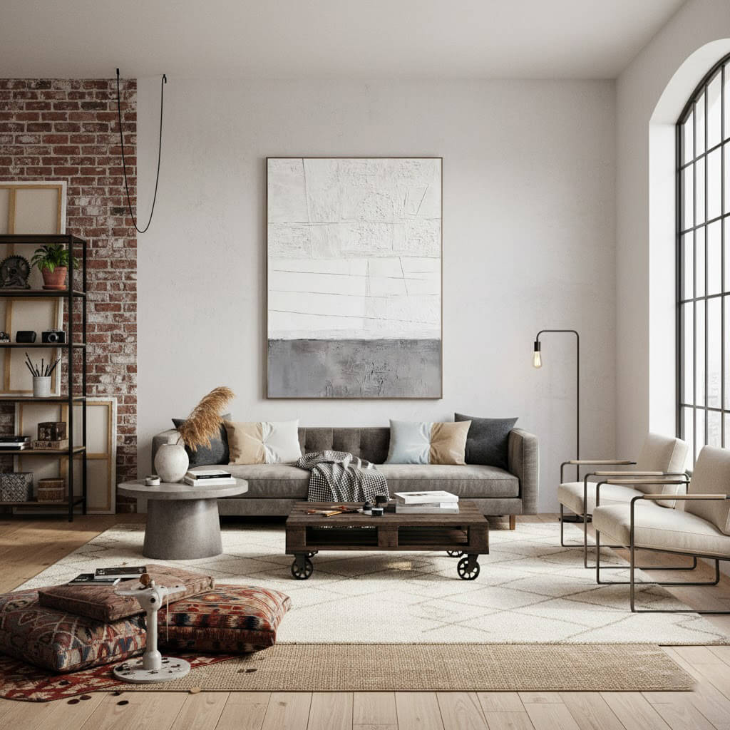 Modern living room with gray sofa, wooden coffee table, and abstract art on the wall.