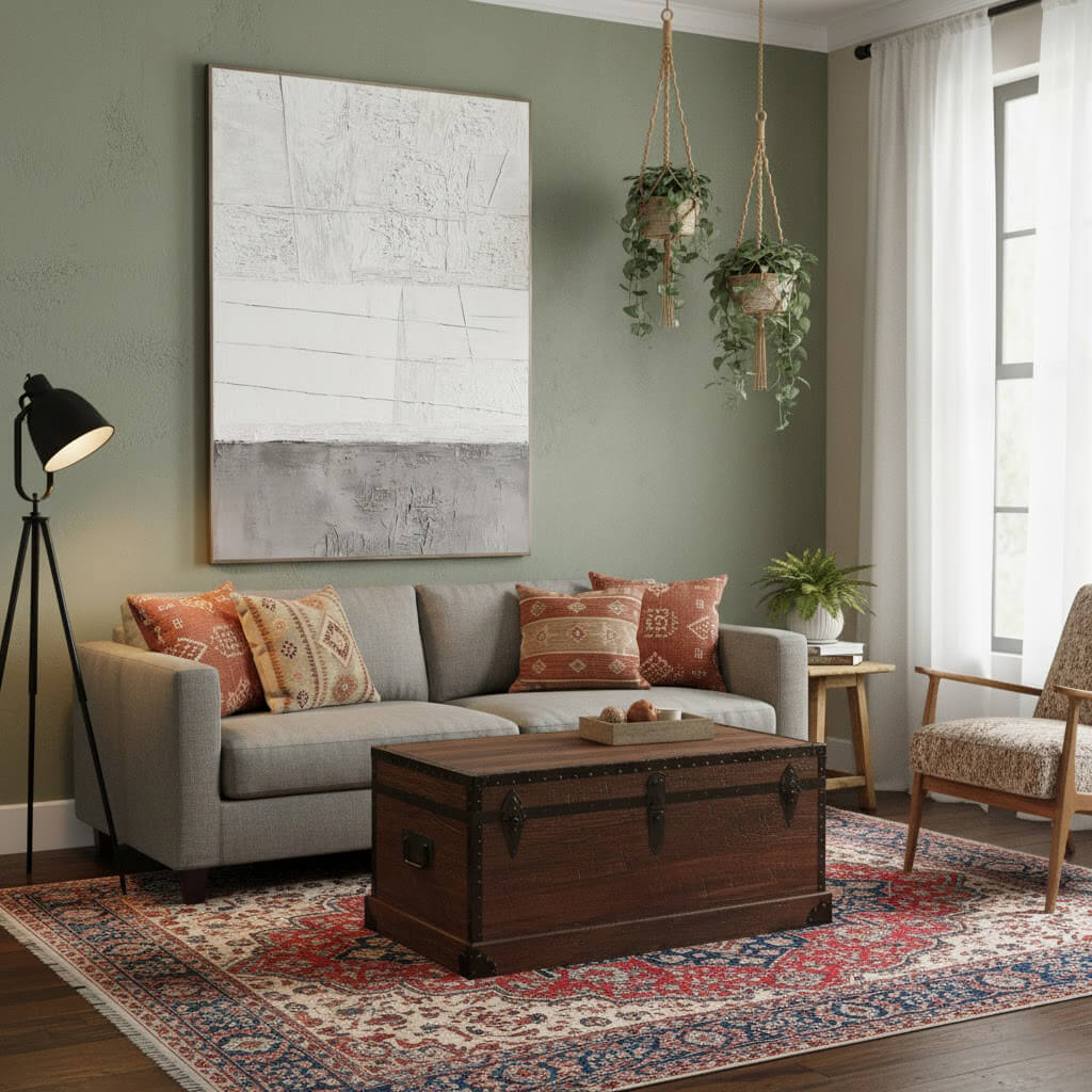 Living room with a gray sofa, wooden coffee table, and decorative elements.
