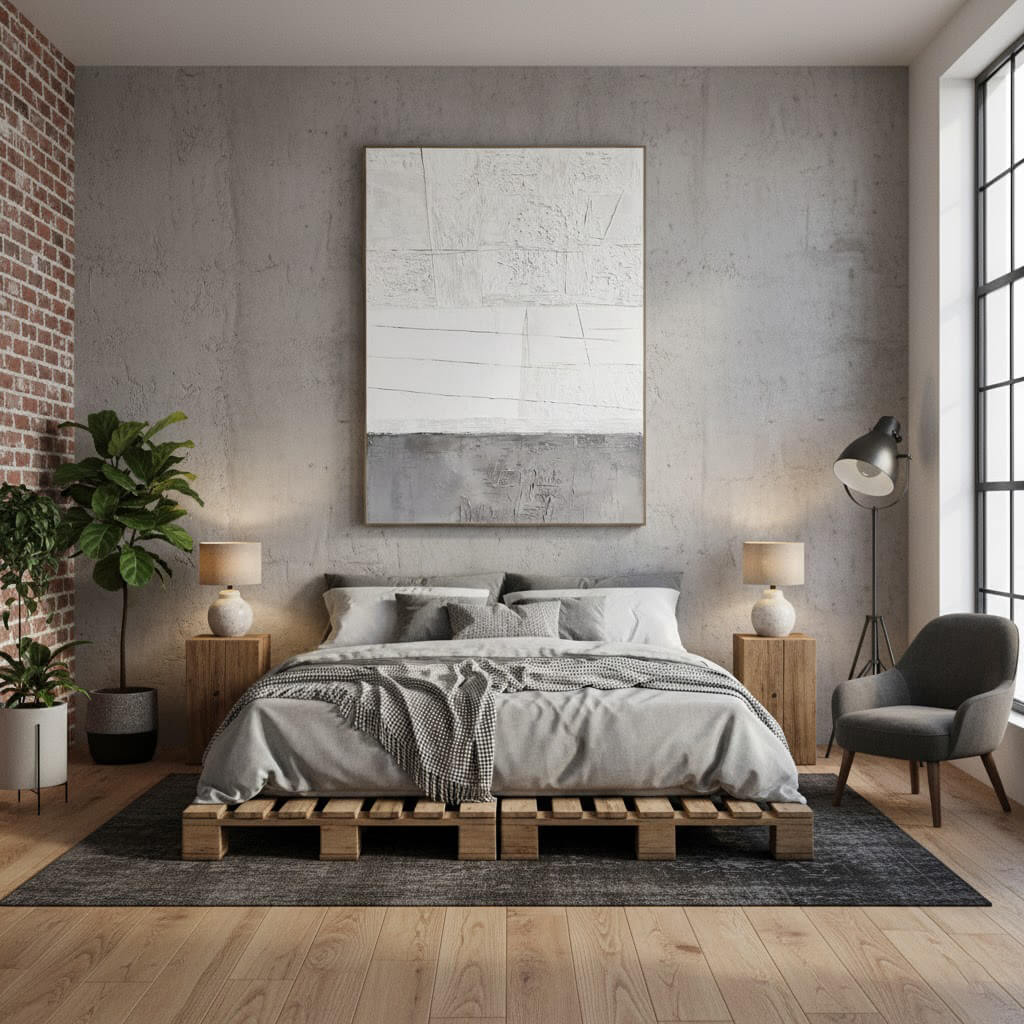 Modern bedroom with pallet bed, gray bedding, and abstract art on a gray wall.
