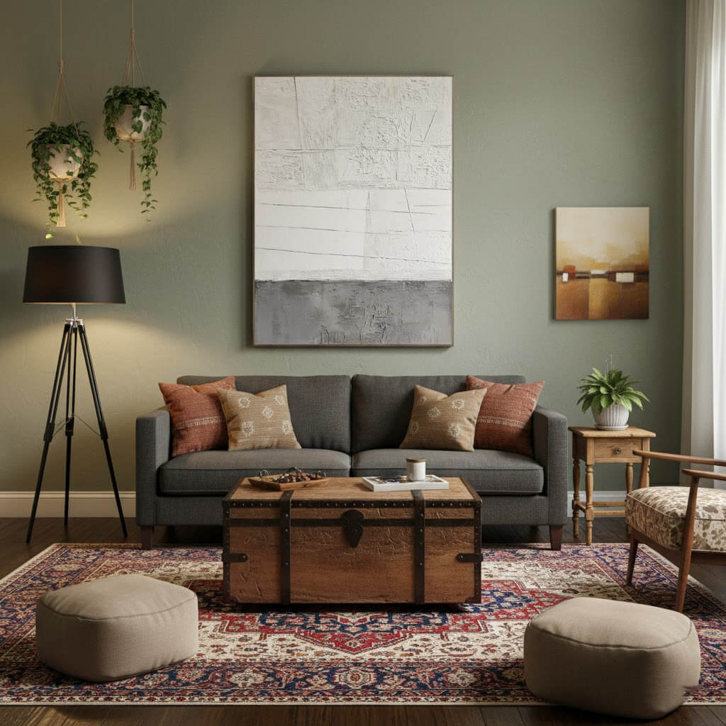 Living room with gray sofa, wooden coffee table, and decorative elements.