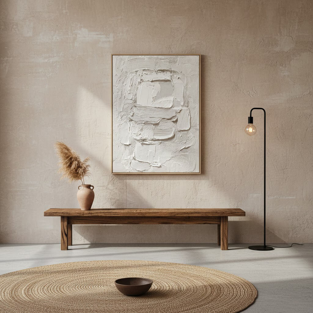 Modern interior with a wooden bench, abstract painting, and floor lamp against a beige wall.