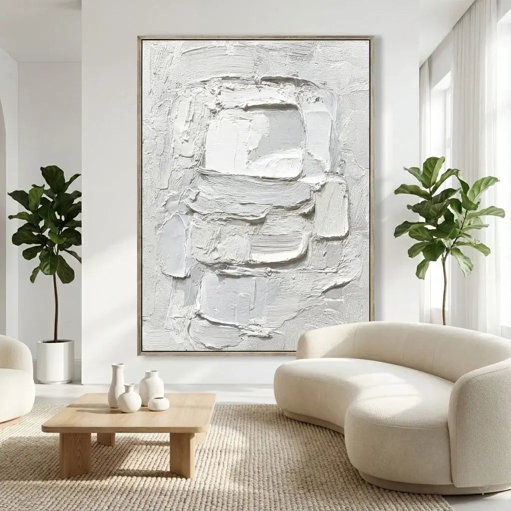 Modern living room with abstract art, white sofa, and plants