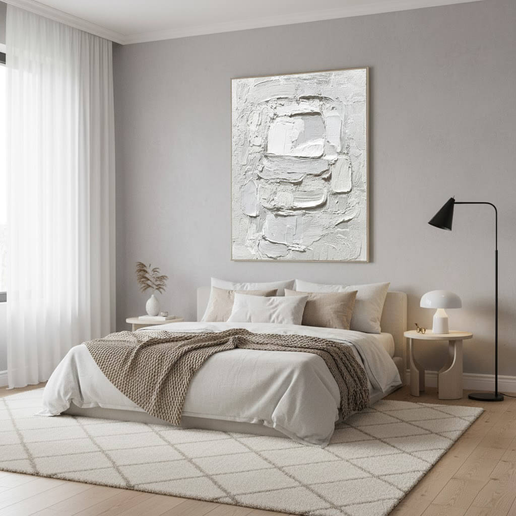 Modern bedroom with abstract art on the wall, bed, and side tables.
