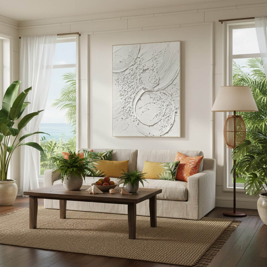 Living room with a beige sofa, wooden coffee table, and decorative elements.