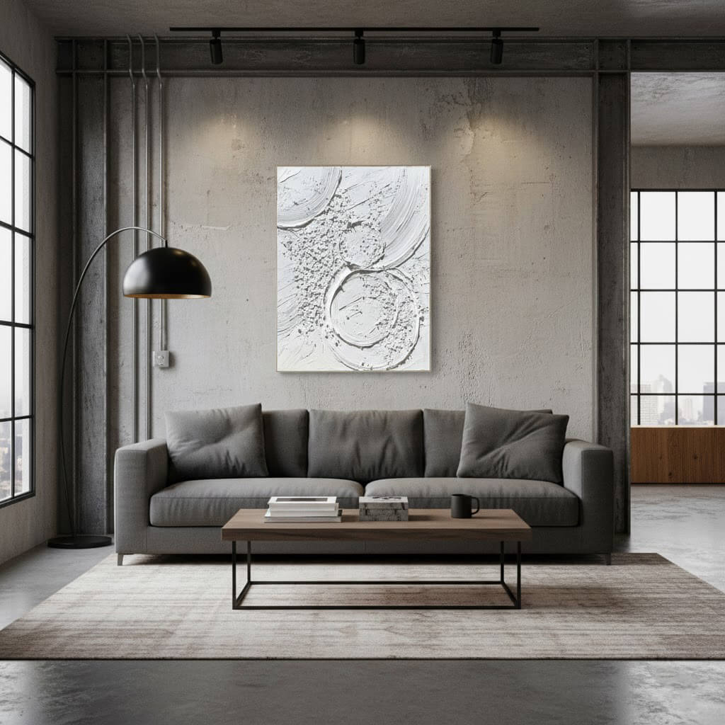 Modern living room with a gray sofa, wooden coffee table, and abstract art on the wall.