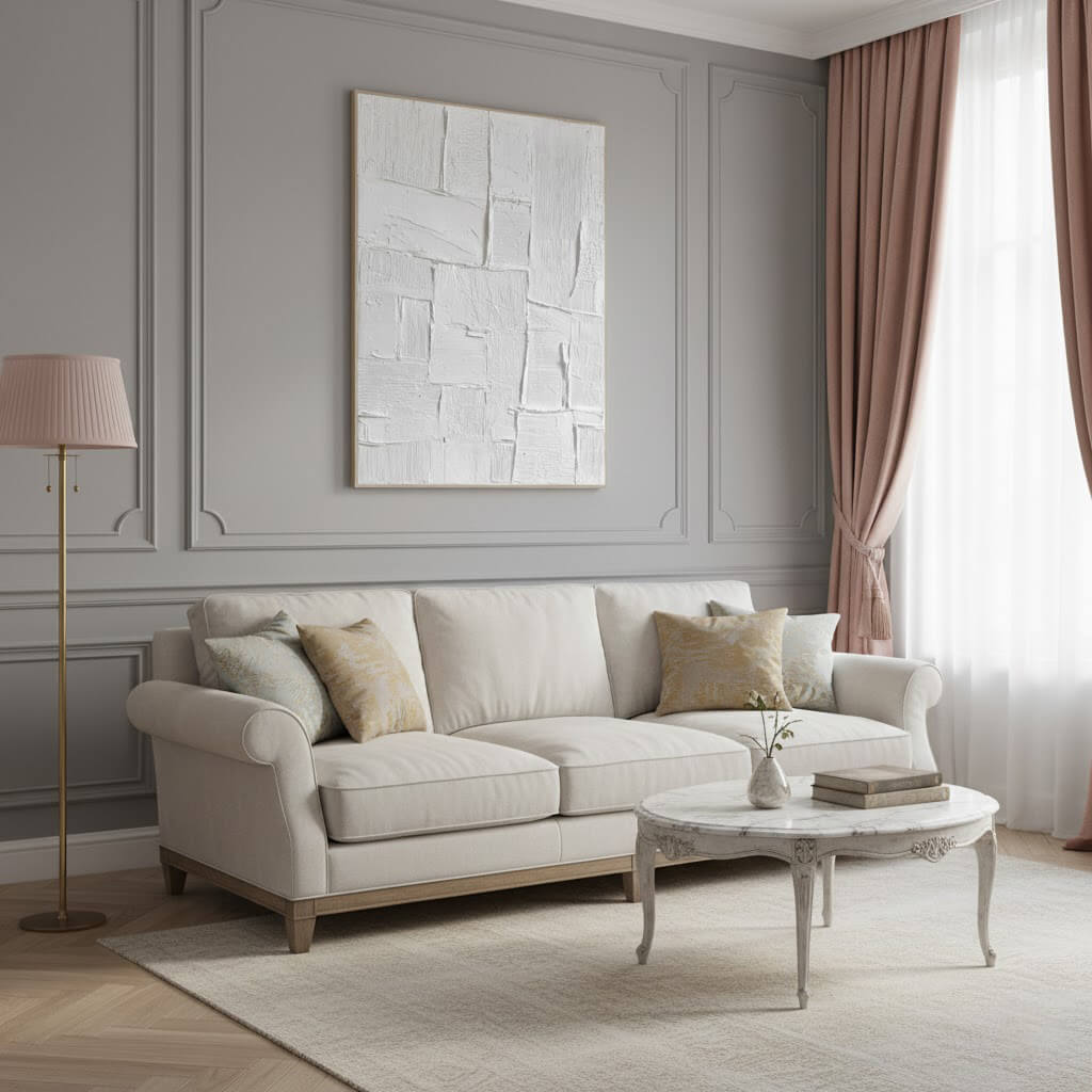 Living room with a beige sofa, coffee table, and decorative elements.