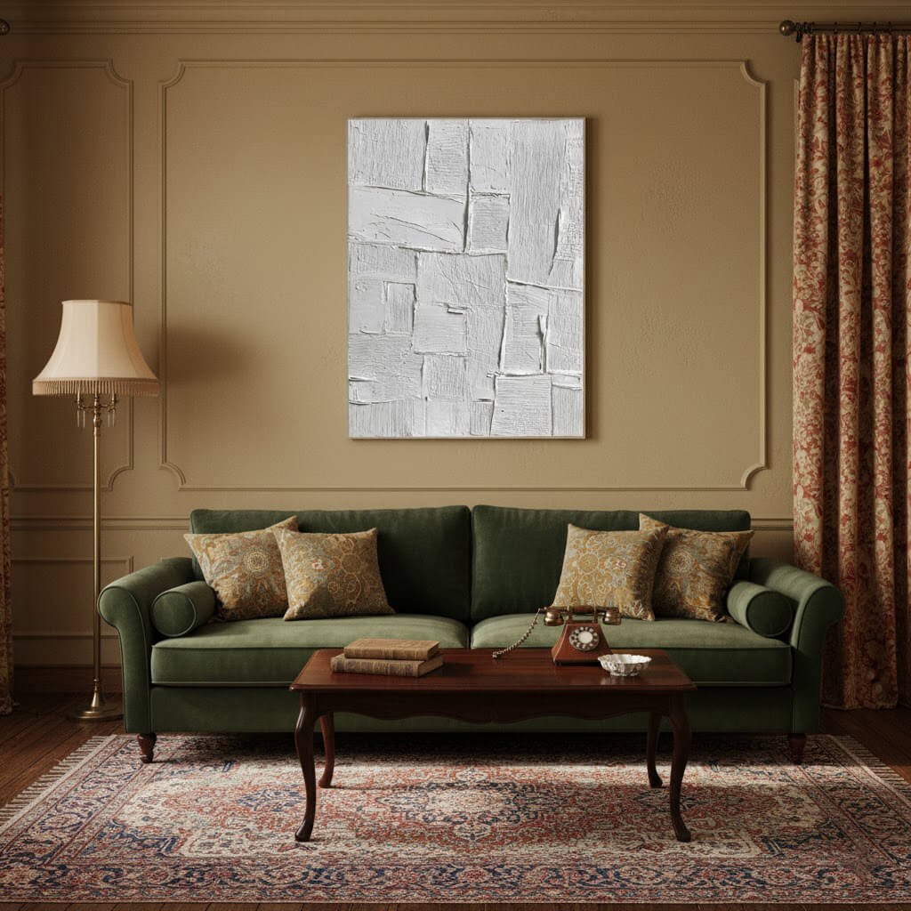 Living room with a green sofa, wooden coffee table, and decorative elements.