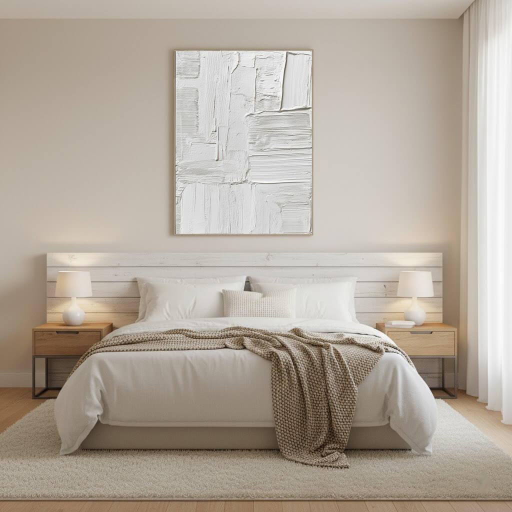 Modern bedroom with a bed, nightstands, and abstract wall art.
