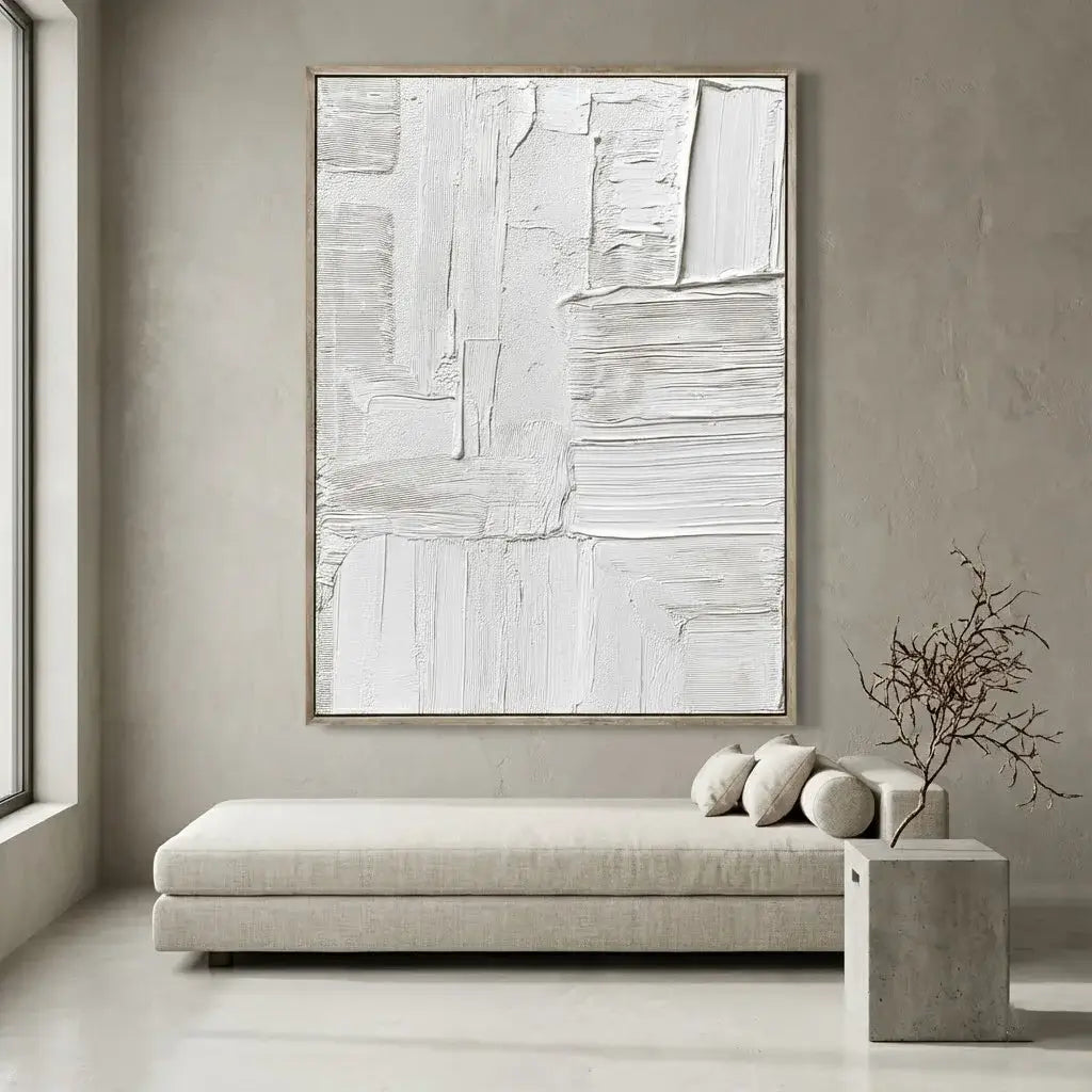 Abstract art piece on a wall in a minimalistic living room.