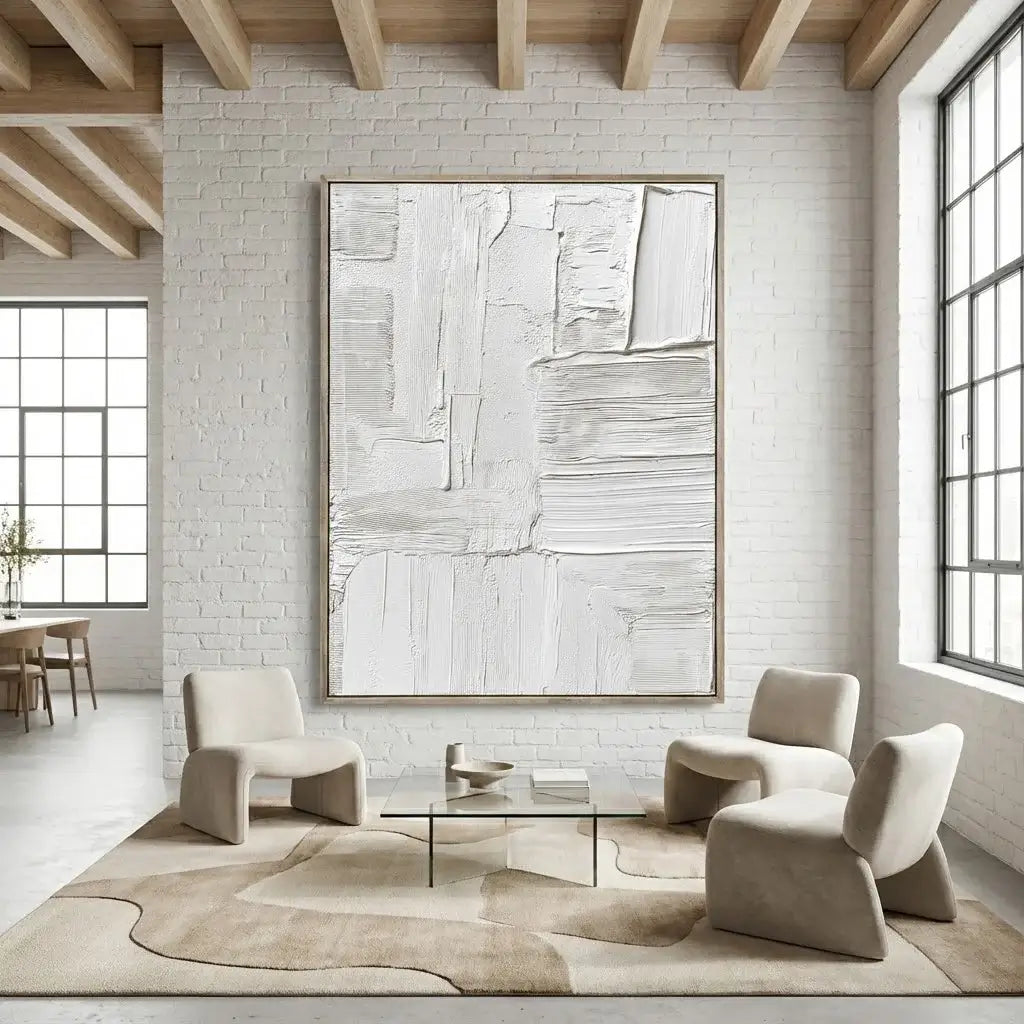 Modern living room with abstract art, neutral furniture, and large windows.