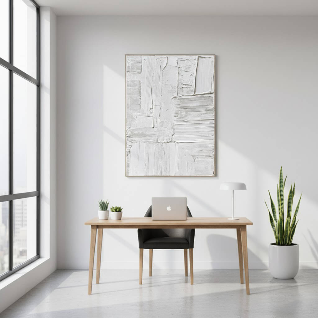Modern office space with a desk, chair, laptop, and decorative plants.
