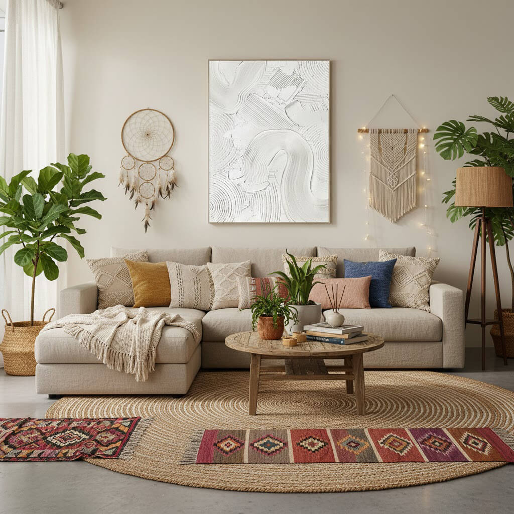 Cozy living room with a sectional sofa, coffee table, and decorative elements.