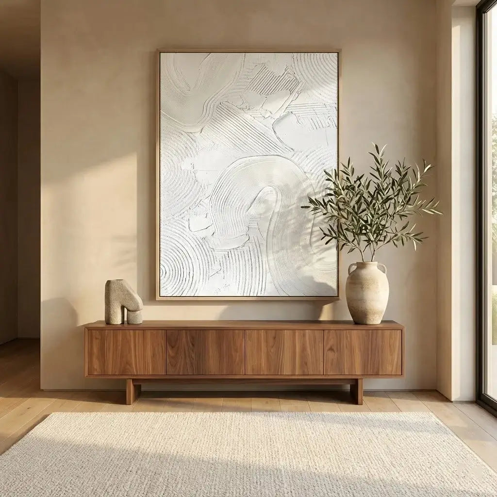 Modern interior with wooden console table, abstract painting, and vase with plant.