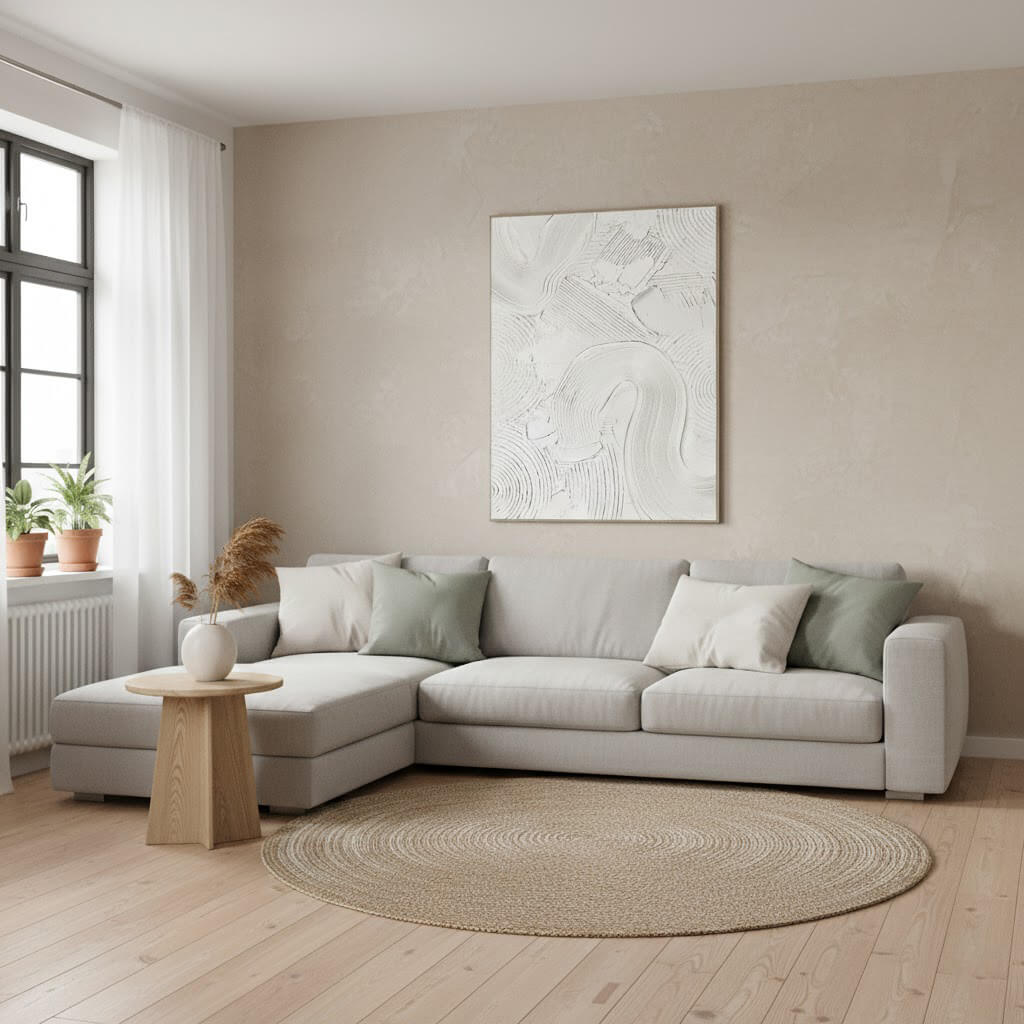 Modern living room with a gray sectional sofa, round rug, and abstract painting.