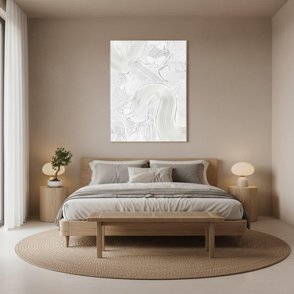 Modern bedroom with a bed, side tables, and abstract wall art.