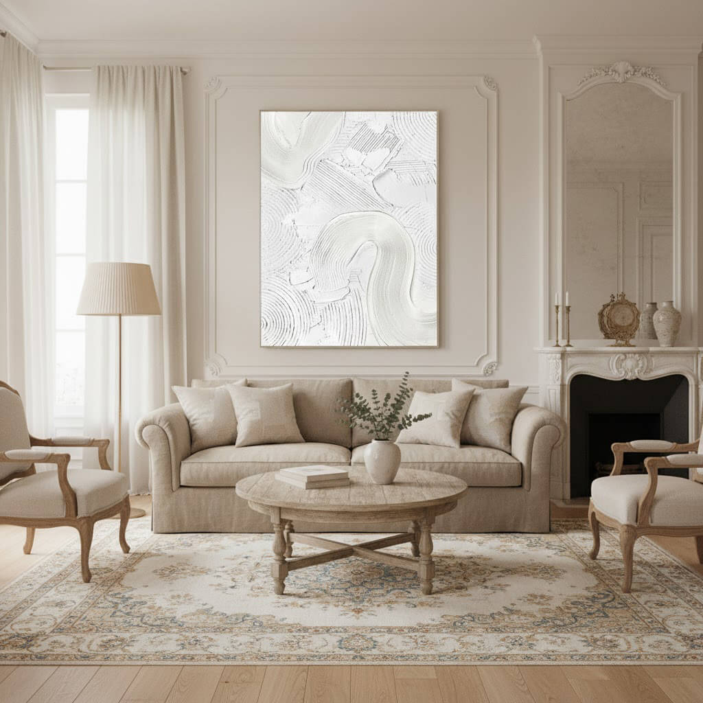 Living room with beige sofa, coffee table, and decorative items.