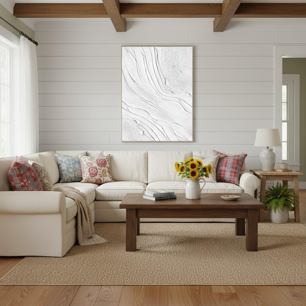 Living room with a white sofa, wooden coffee table, and decorative elements.