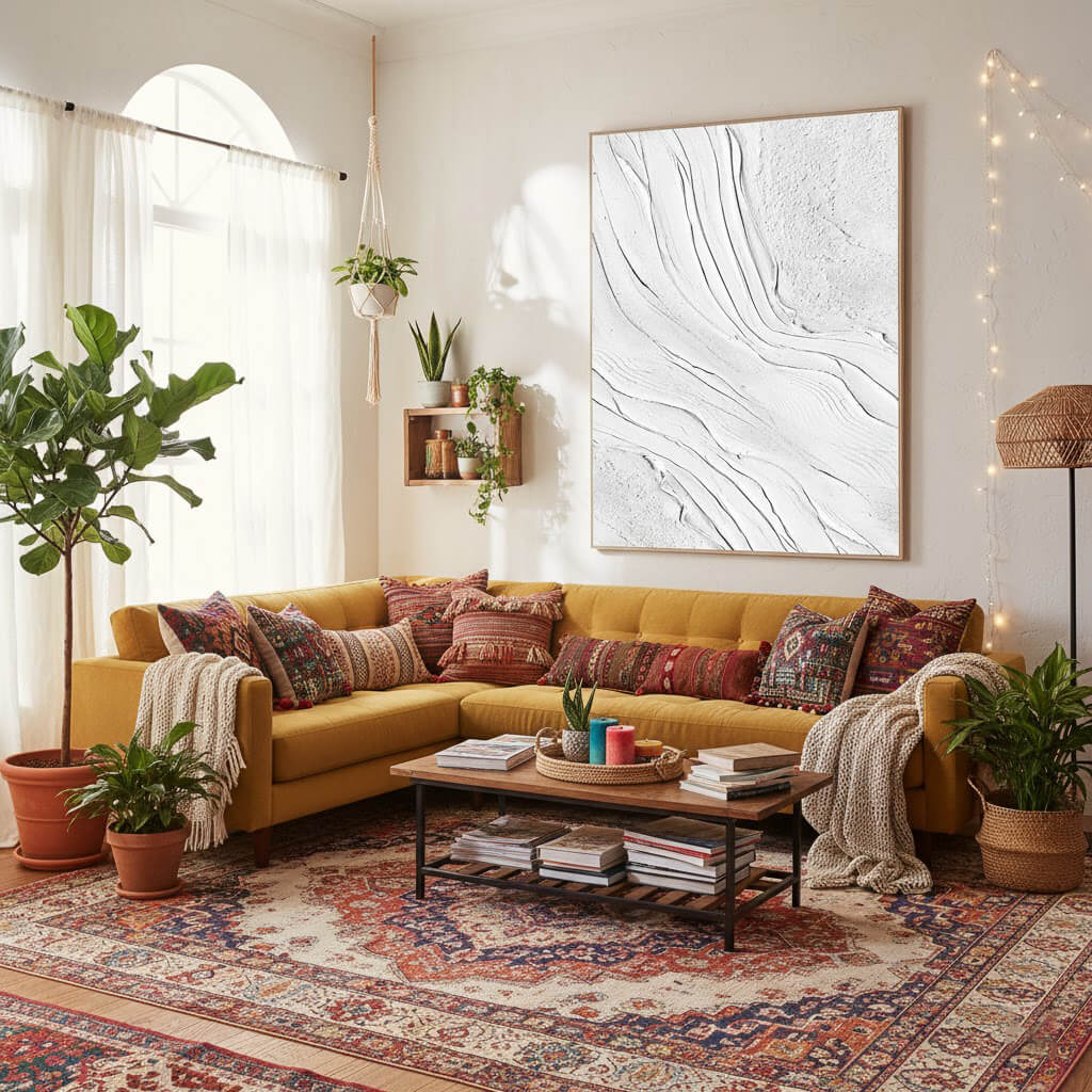 Cozy living room with yellow sectional sofa, decorative pillows, and a coffee table.