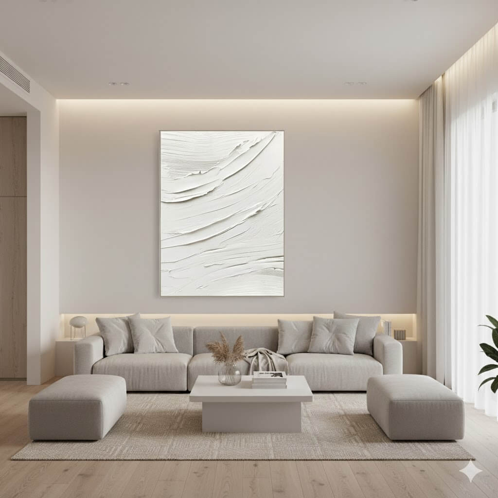 Modern living room with a gray sectional sofa, abstract painting, and coffee table.