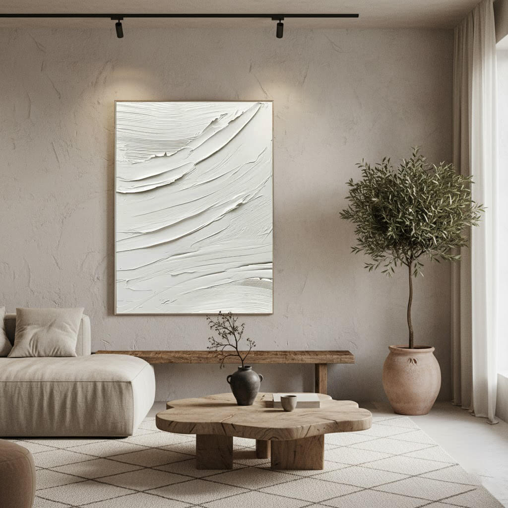 Modern living room with abstract art, wooden coffee table, and potted plant.