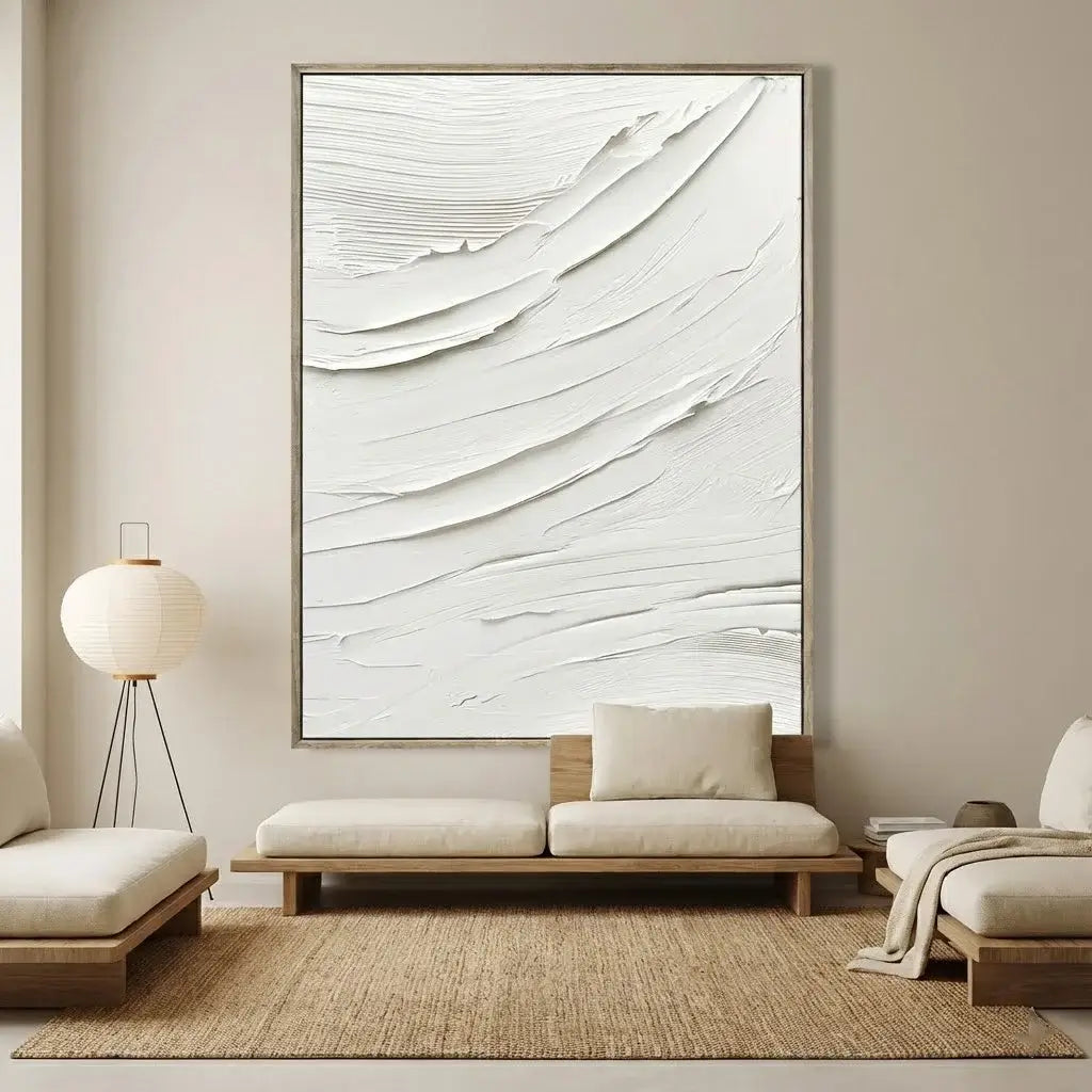 Modern living room with a large abstract painting on the wall.