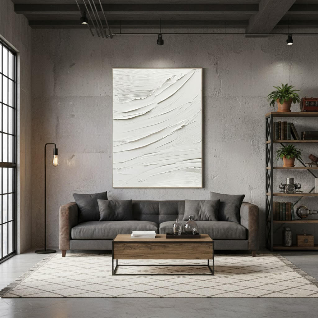 Modern living room with gray sofa, wooden coffee table, and abstract wall art.