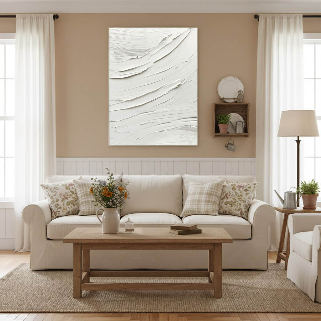 Living room with beige sofa, wooden coffee table, and abstract wall art.