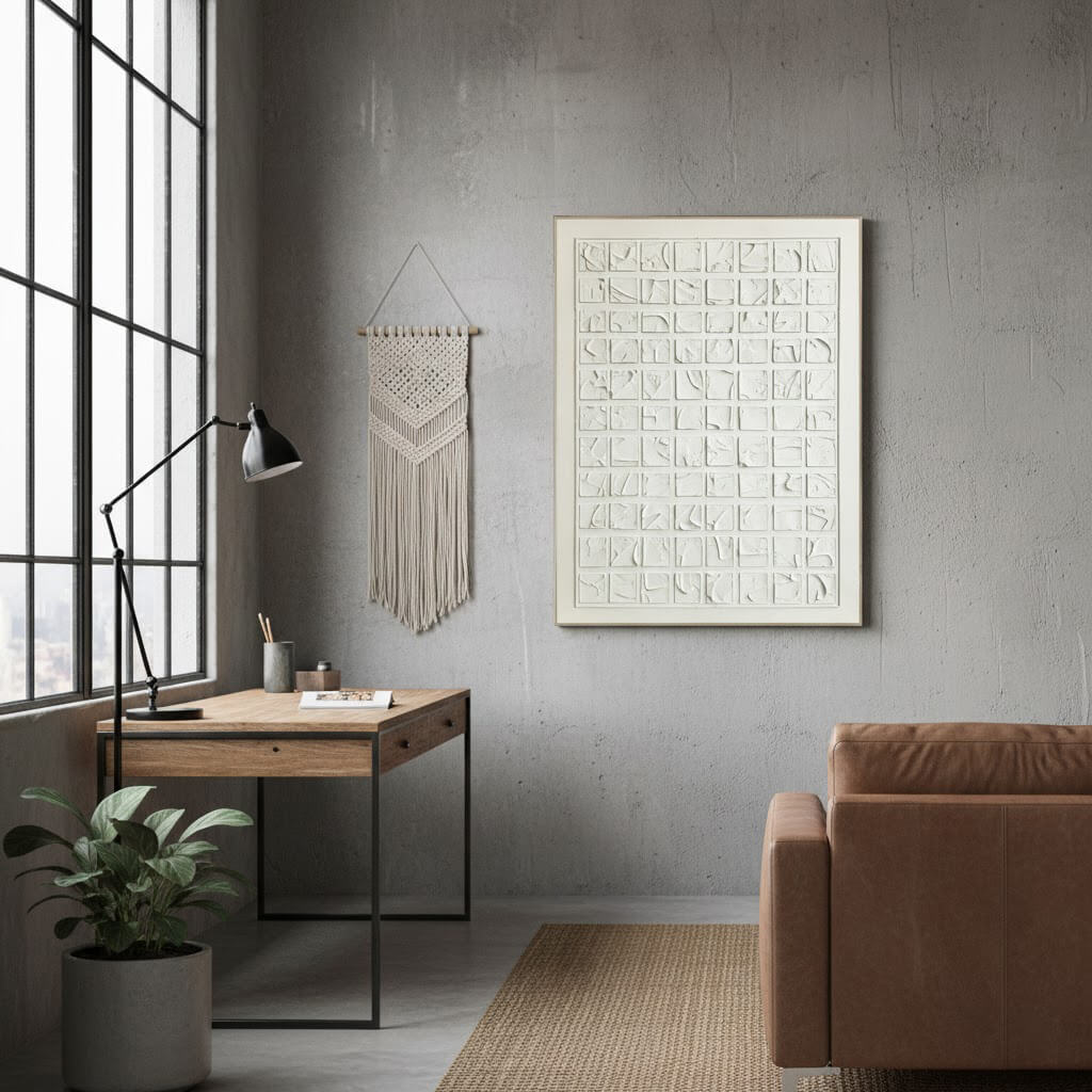 Modern interior with a desk, lamp, and wall art in a room with large windows.