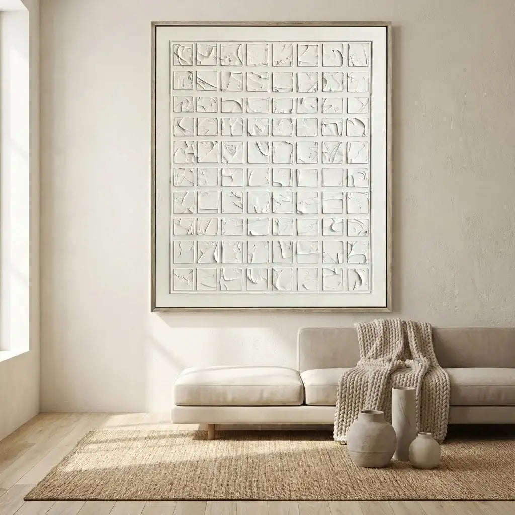 Modern living room with a framed abstract artwork on the wall, a beige sofa, and decorative vases.