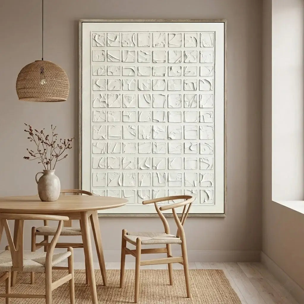 Dining room with wooden table and chairs, abstract wall art, and woven pendant light.