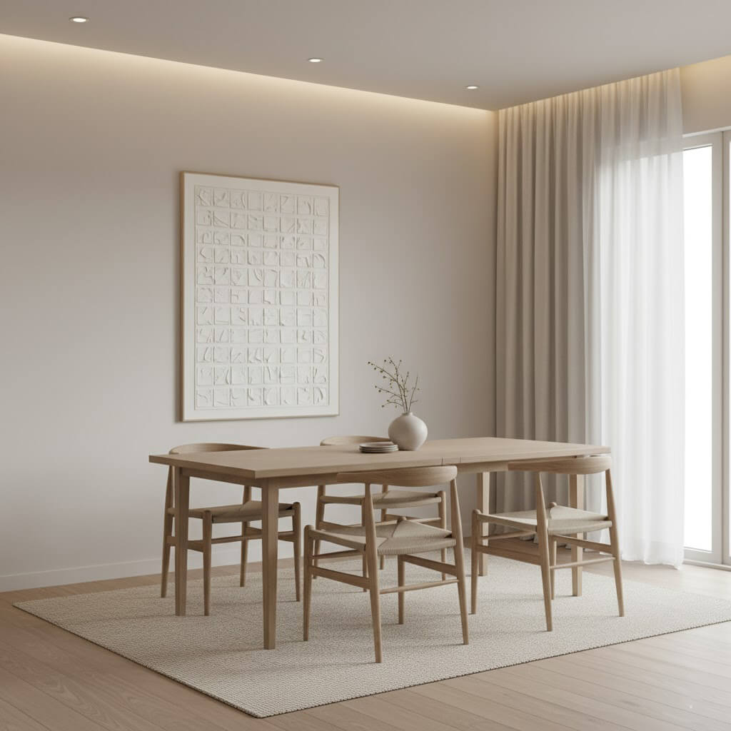 Dining room with wooden table and chairs, framed artwork on the wall, and large window with curtains.