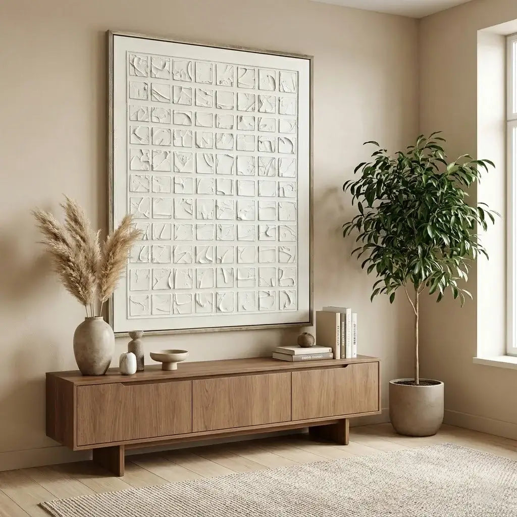 Modern living room with wooden console table, decorative items, and a large abstract painting.
