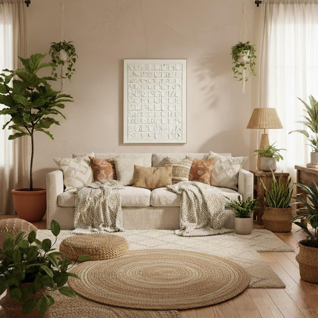 Cozy living room with a beige sofa, decorative pillows, and various plants.