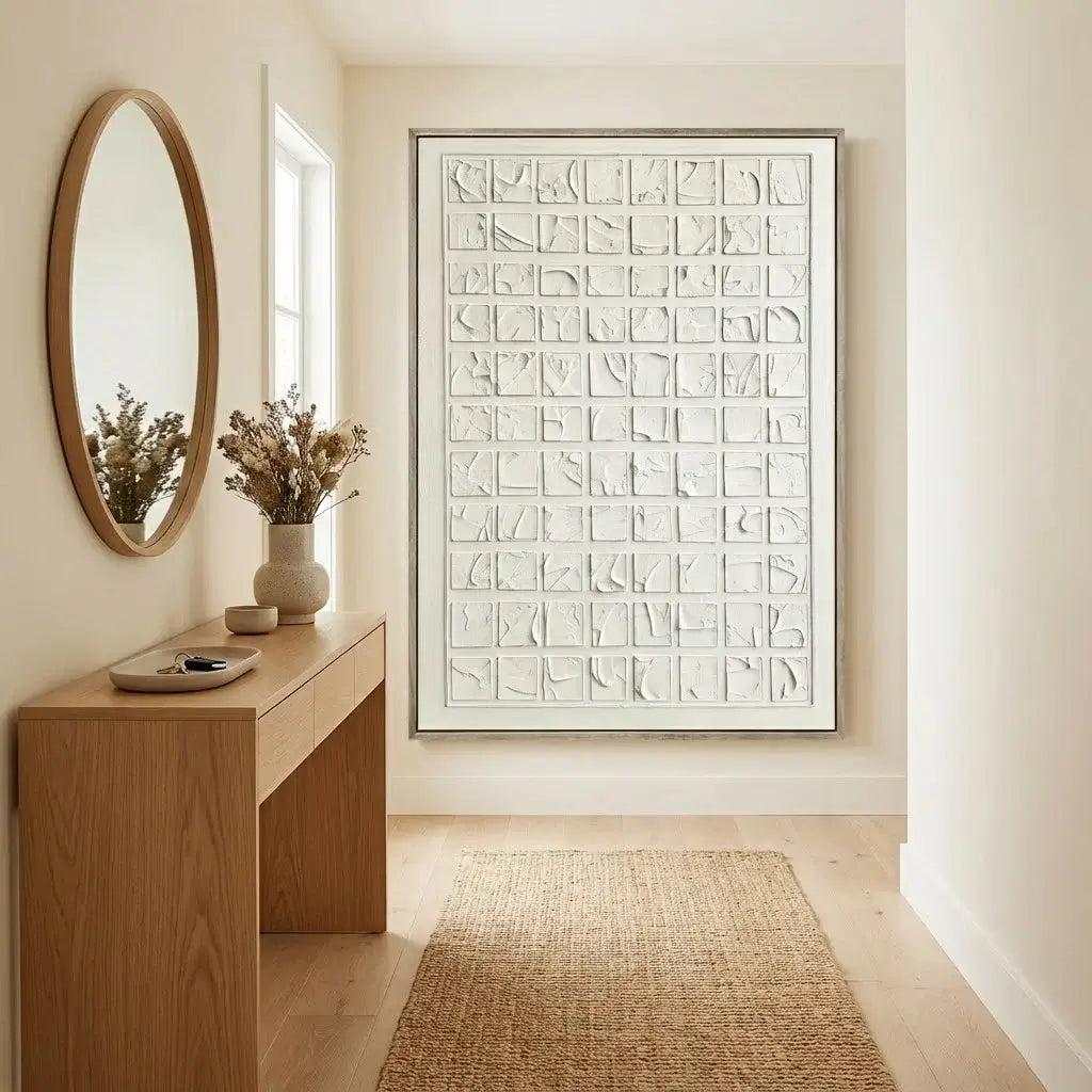 Modern interior with a wooden console table, round mirror, and abstract wall art.