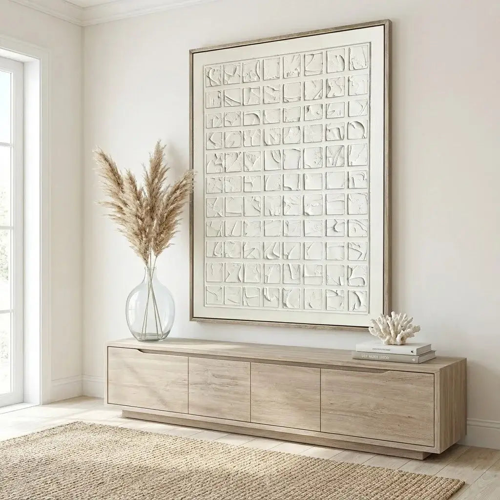 Modern interior with a wooden sideboard, decorative plant, and abstract wall art.