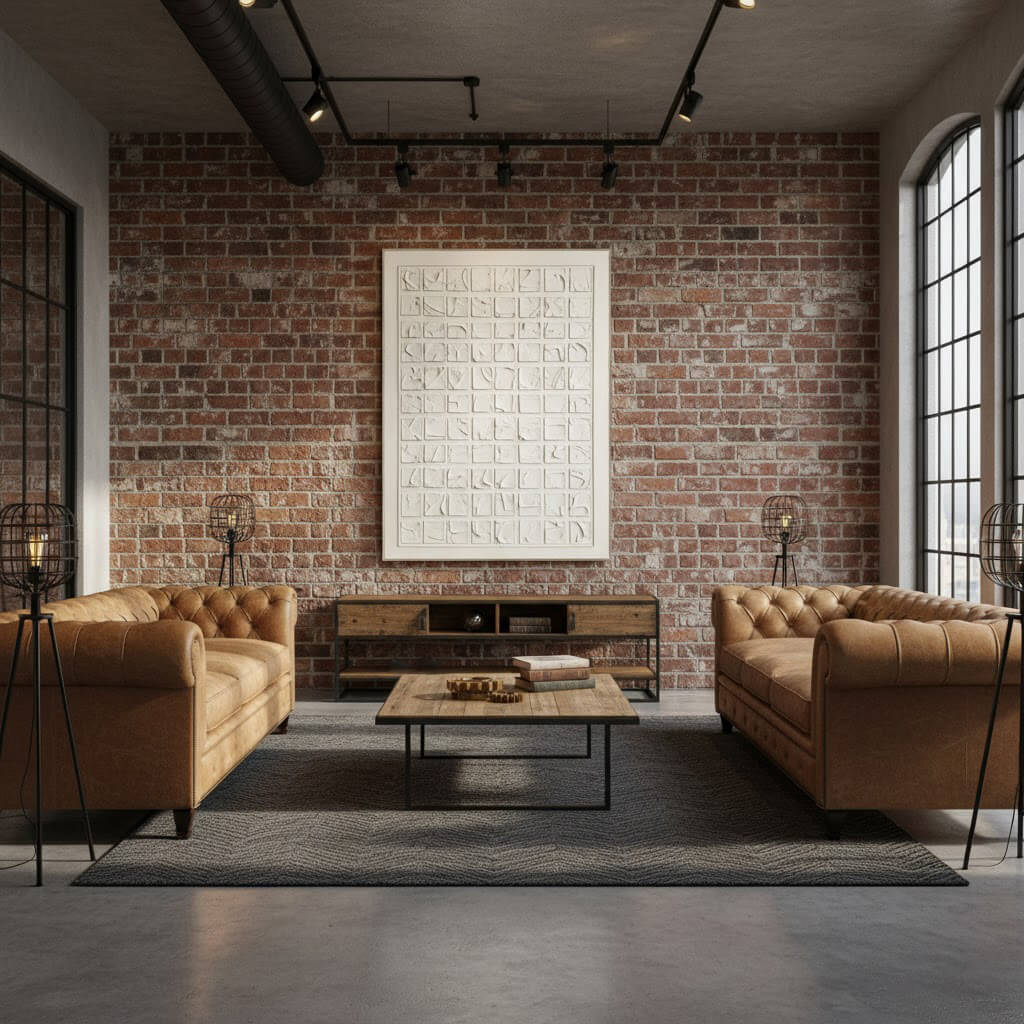 Modern living room with brown leather sofas, a brick wall, and a large abstract painting.