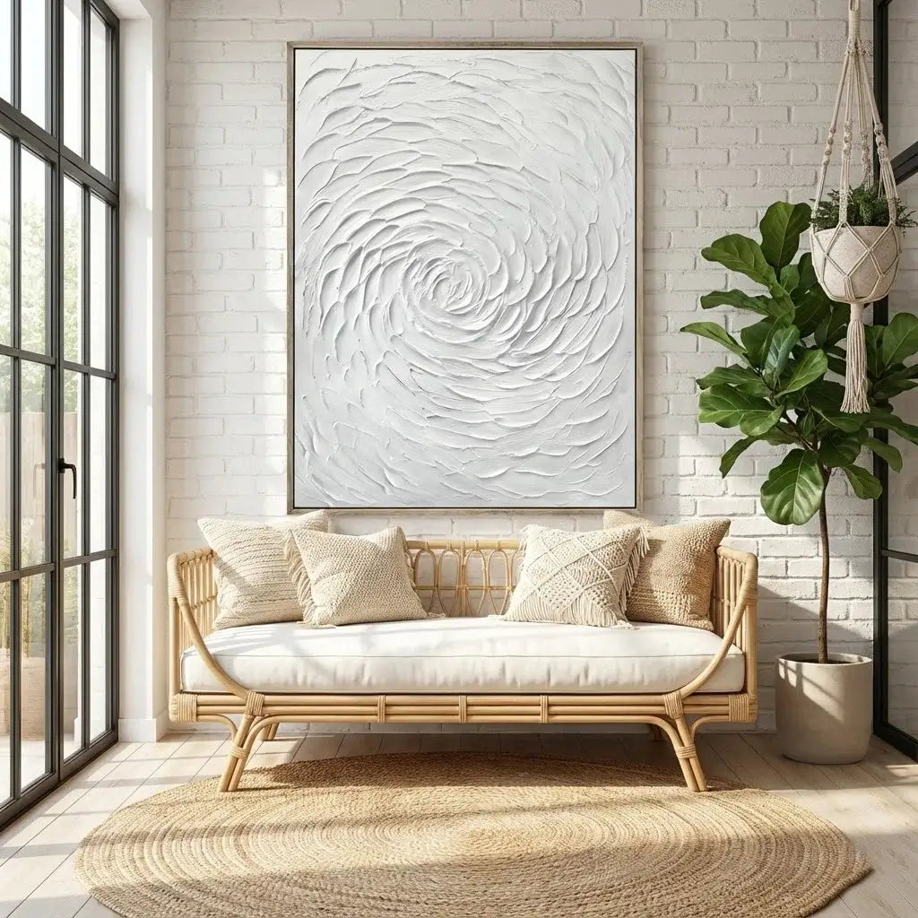 Living room with a wicker sofa, white cushions, and a large abstract painting on a white brick wall.