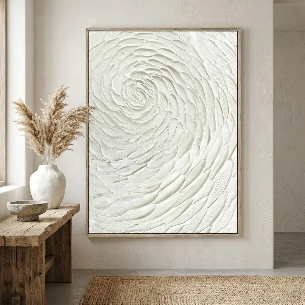 Abstract wall art with a wooden table and decorative items in a room.