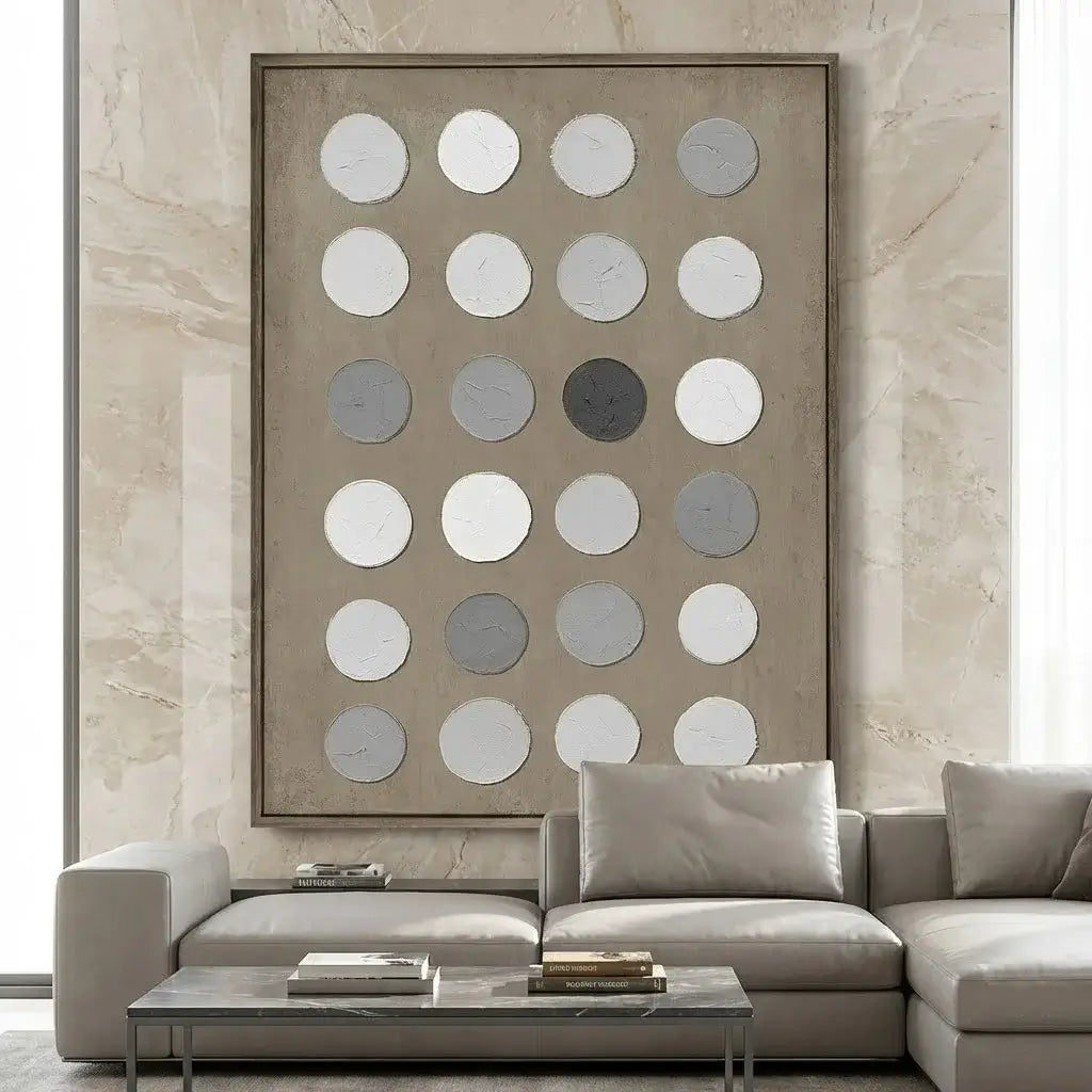 Modern living room with a gray sectional sofa and decorative wall art.