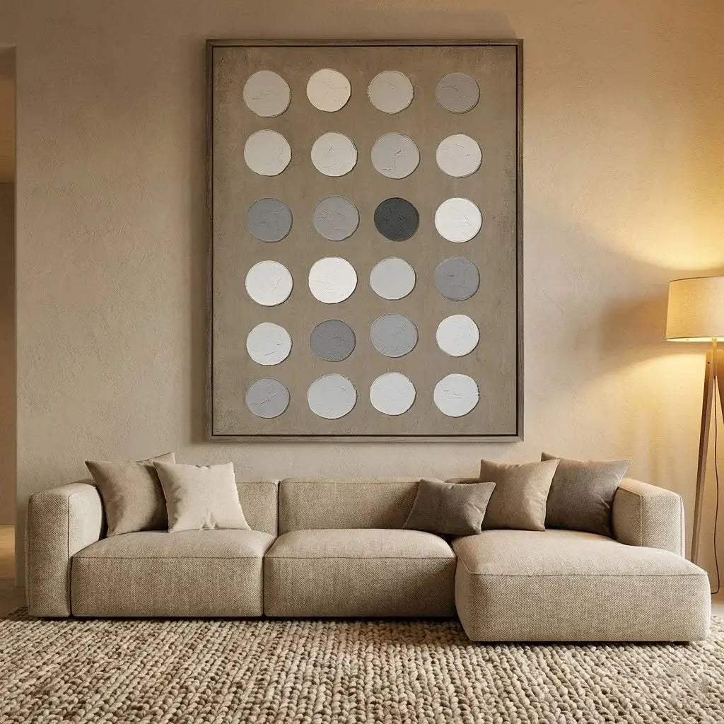 Beige sectional sofa in a living room with a wall art piece featuring circular patterns.