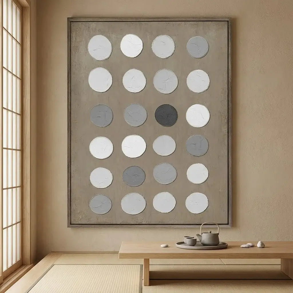 Abstract art piece with circular patterns on a beige wall above a wooden table.