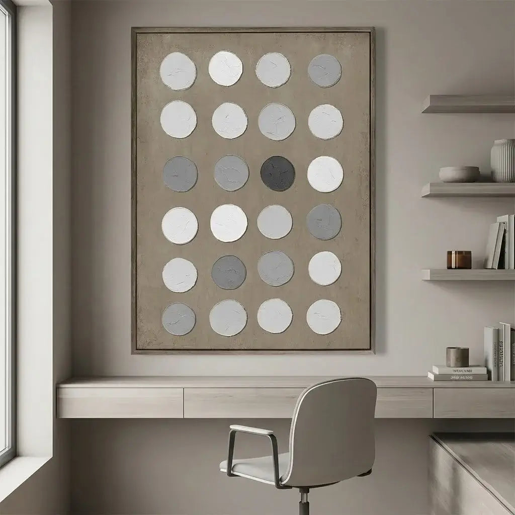 Modern office interior with a large abstract art piece on the wall.