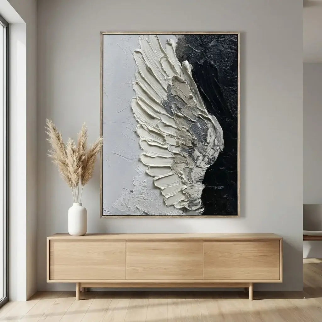 Modern interior with a wooden cabinet, abstract art, and dried plants.